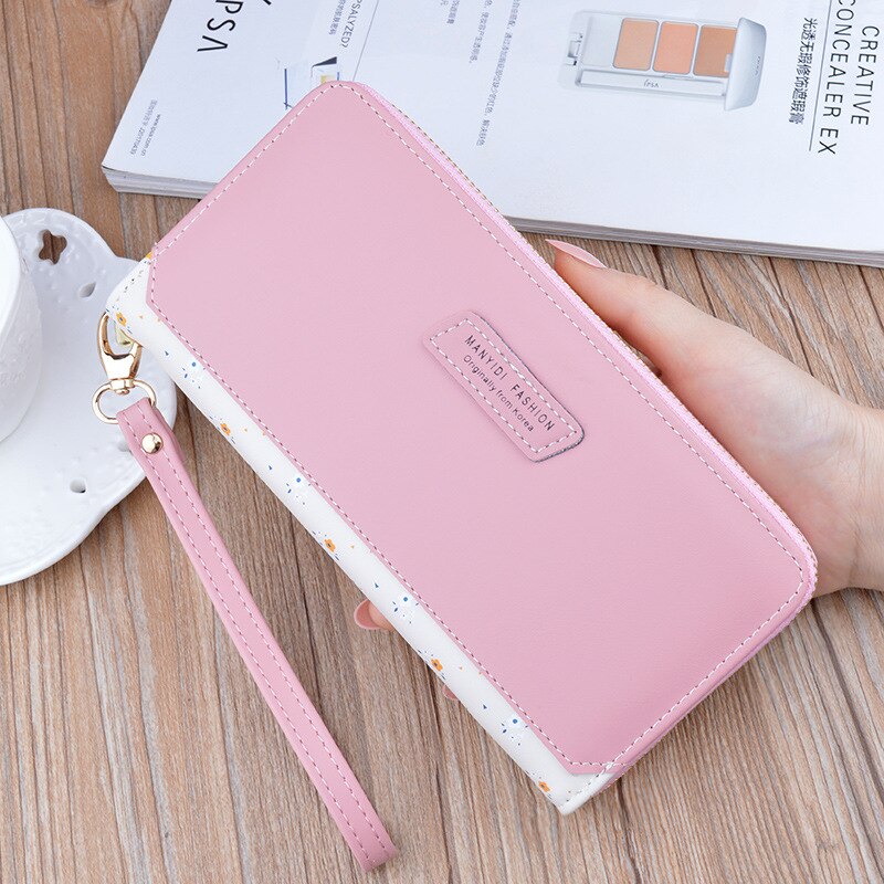 Dames portemonnee lange portemonnee rits handtas koreaanse eenvoudige contrasterende kleur portemonnee grote capaciteit zachte leren mobiele telefoon tas: Roze