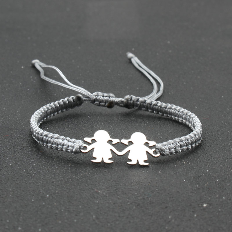 Stal nierdzewna śliczne Twin Little Girl Charm bransoletka czarna lina pleciona regulowane bransoletki dla kobiet biżuteria Mujer Pulsera: Grey