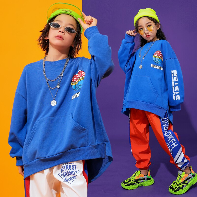 Loose Hip Hop Dance Costumes Kids Blue Street Dance Practice Wear Girls Boys Stage Rave Outfit Jazz Performance Clothes DC2868