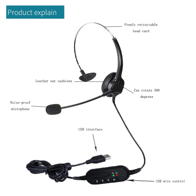 Mute Function Call Center USB Headset Noise Cancelling USB Call Center Headphone With Microphone For Skype Computer