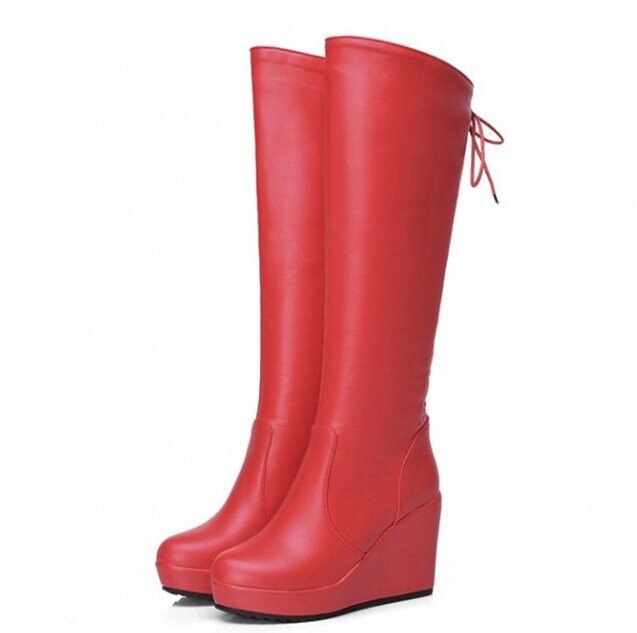 ! Black White Red Leather Lace Up High Heel Platform Knee High Winter Autumn Girl Lady Females Womens Wedge Boots X834: Red / 3.5