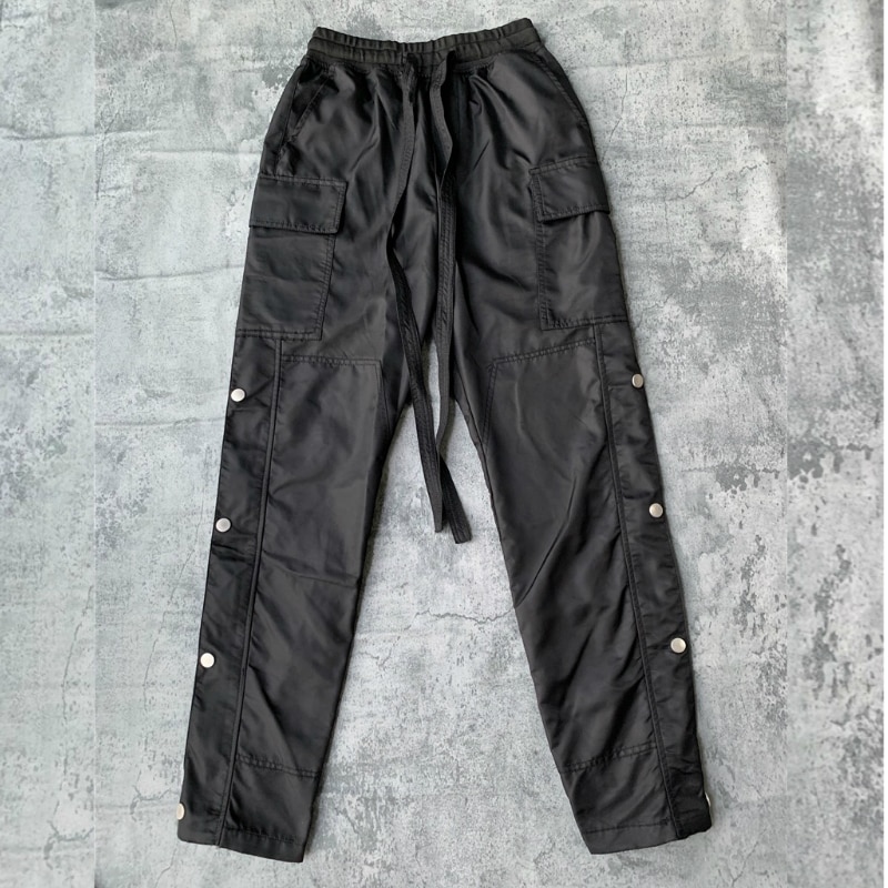 Men Side Snap Cargo Pants Hip Hop Slim Fit Ribboned Waistband Track Pants Black