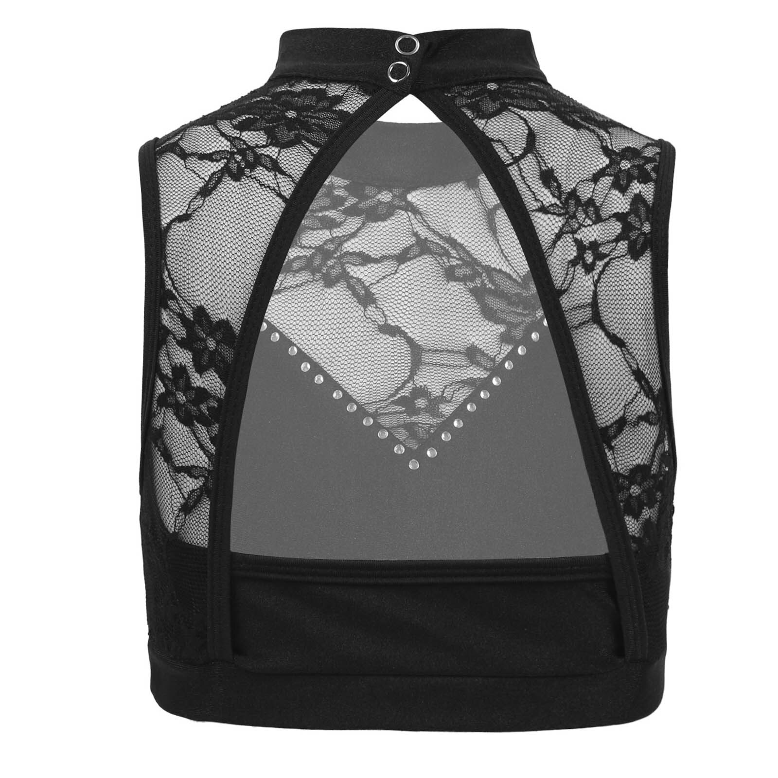 Kids Teens Girls Sleeveless Backless Lace Mesh Flower Dance Crop Top Girls Ballet Workout Gymnastics Tank Tops Ballet Dancewear