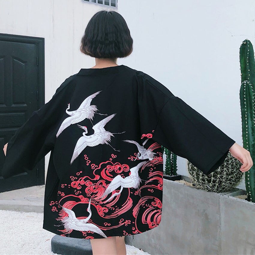 Japanischen orientalisch Kran Sakura Kimono Haori Strickjacke Chinesischen Seetang-anzug Ukiyo-e Schlecht Kleid Pyjama für Frau Mantel Outfits