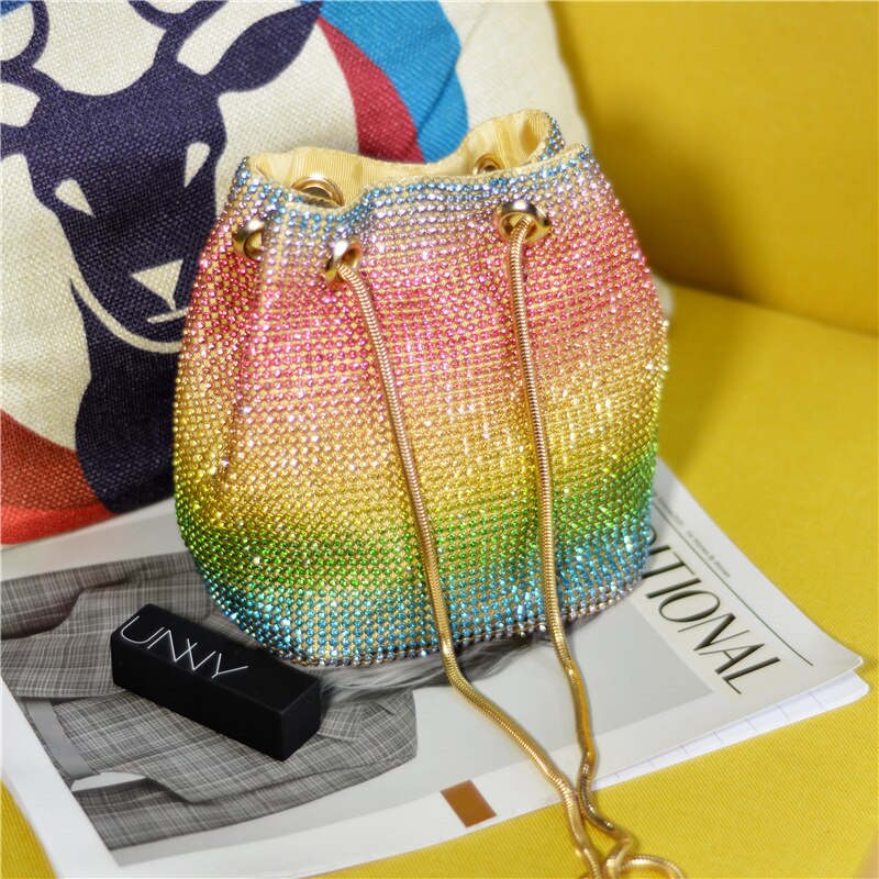 Crystal Bucket Bag for Women Multicolor Rhinestone rainbow Beaded Ladies Handbag Luxury Shoulder Bag