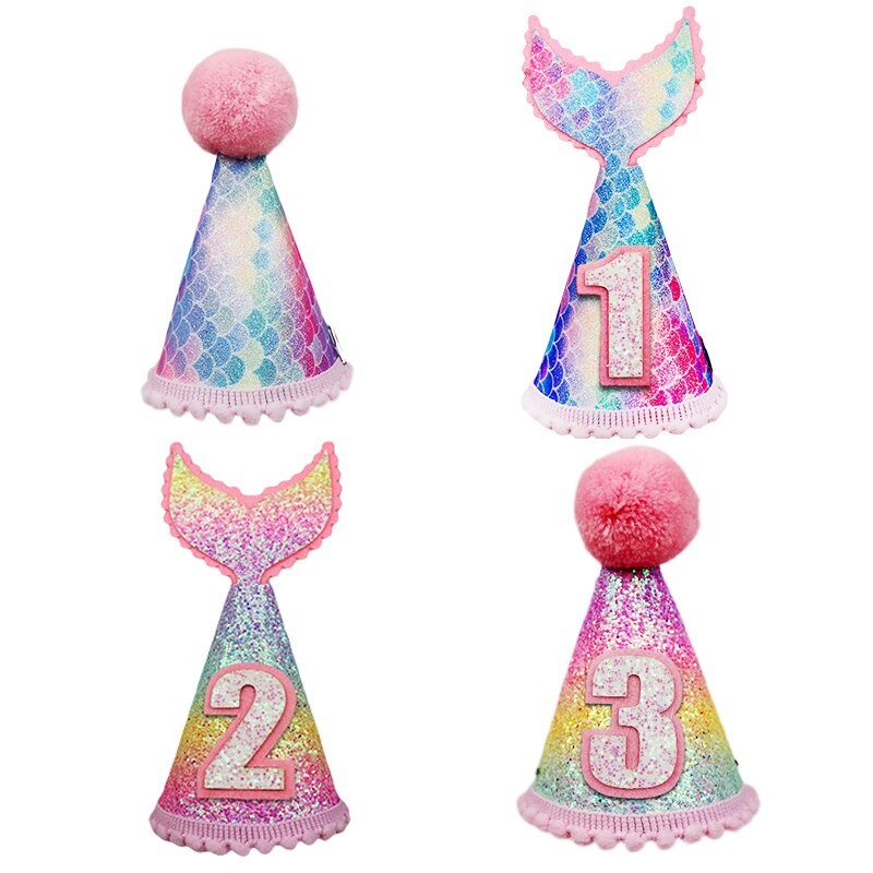 Happy Birthday Hat 1st 2nd 3rd Year Old Kids Girl Birthday Baby Shower Mermaid Tail Headband Hat Decoration Party Supplies