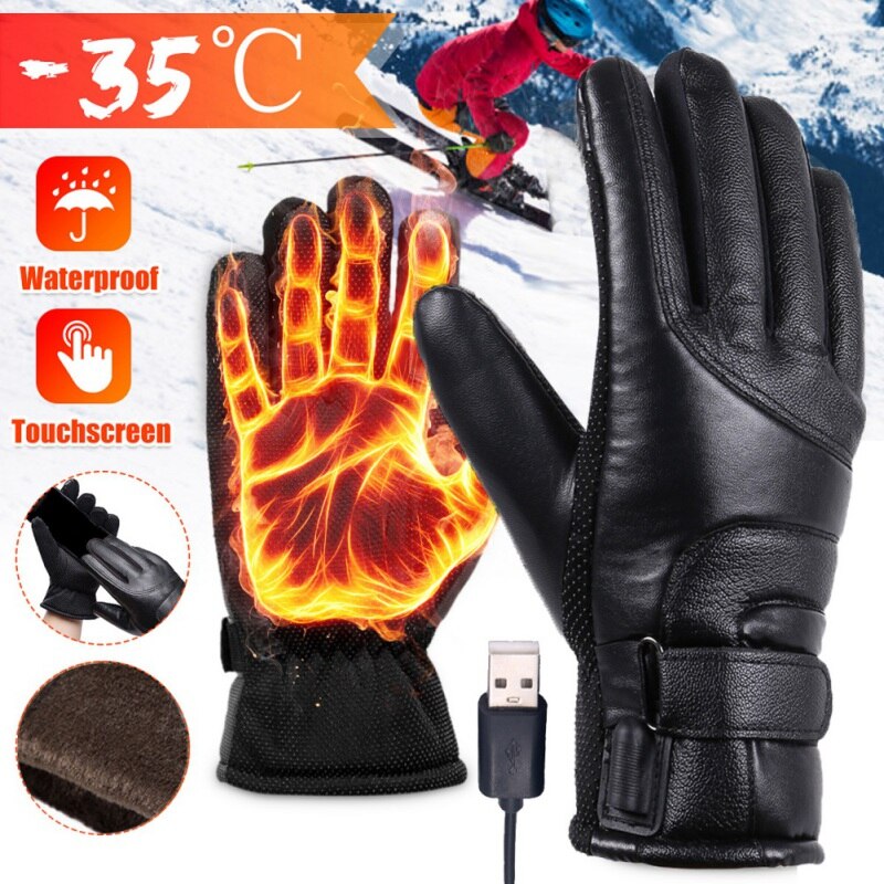 USB Plug Electric Heated Gloves With Touchscreen Finger For Men Winter Hands Warmer Thermal Gloves Windproof For Cold Weat