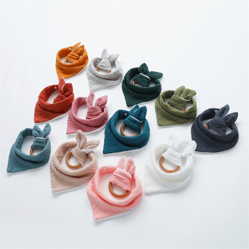 2 Stks/set Baby Jongen Meisje Driehoekige Sjaal Speeksel Tissue Molars Ring Houten Bijtring Set Katoenen Mousseline Slabbetjes Effen Kleur Burp doek