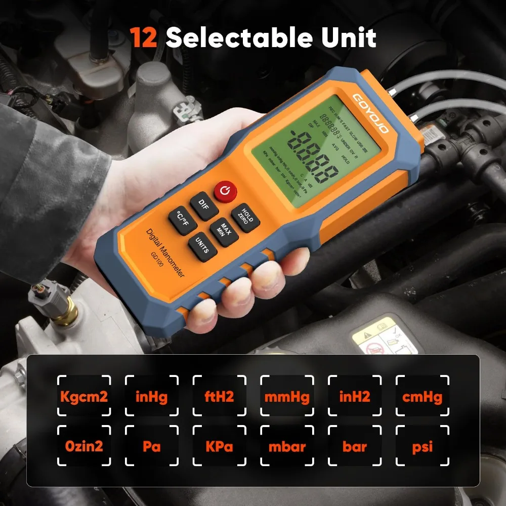 Digital Manometer with Backlit Gas Pressure Tester Dual Port Air Pressure Gauge, for Natural Gas Pipelines Ventilation Detection