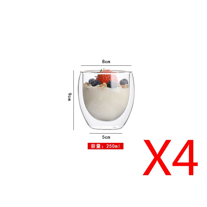 Transparent Double-layer Insulation Cup Heat-proof Anti-freeze Coffee Cup Ice Cream Cup Milk Cup Tea Cup Beverage Cup Creativity: 250ml x4