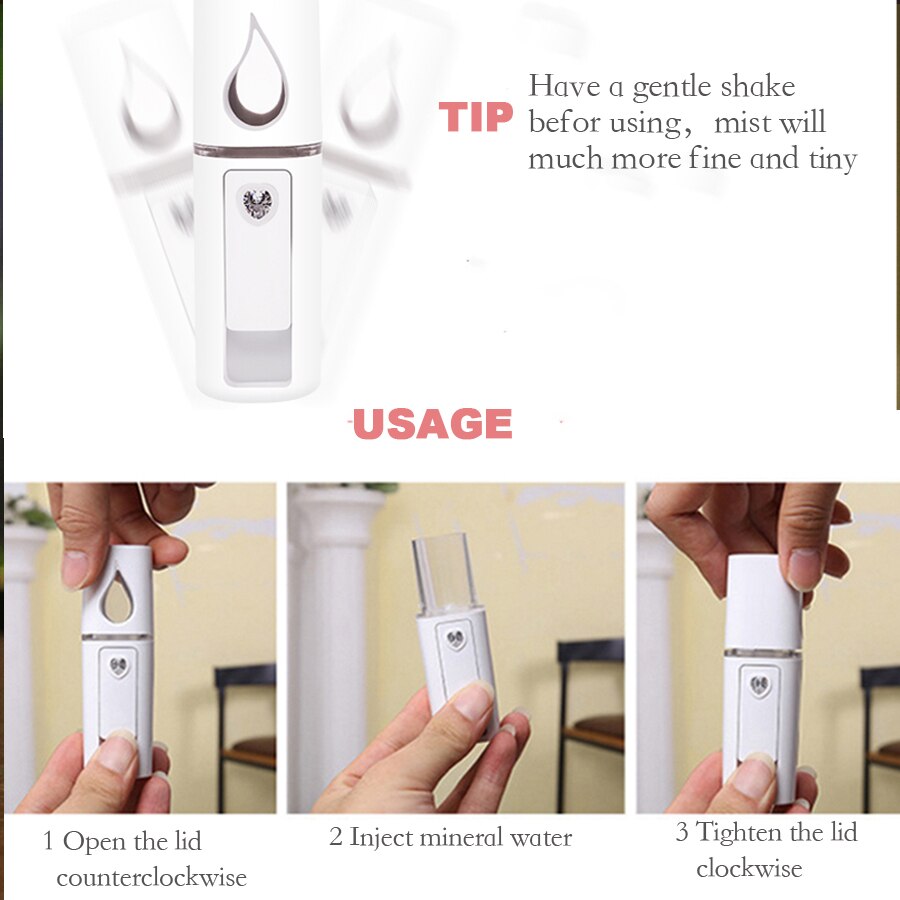 Mistgenerator, draagbare luchtbevochtiger, gezichtsfijne nanospray, automatische uitschakeling,  in 60s oplaadbare batterijen, led-nachtlampje