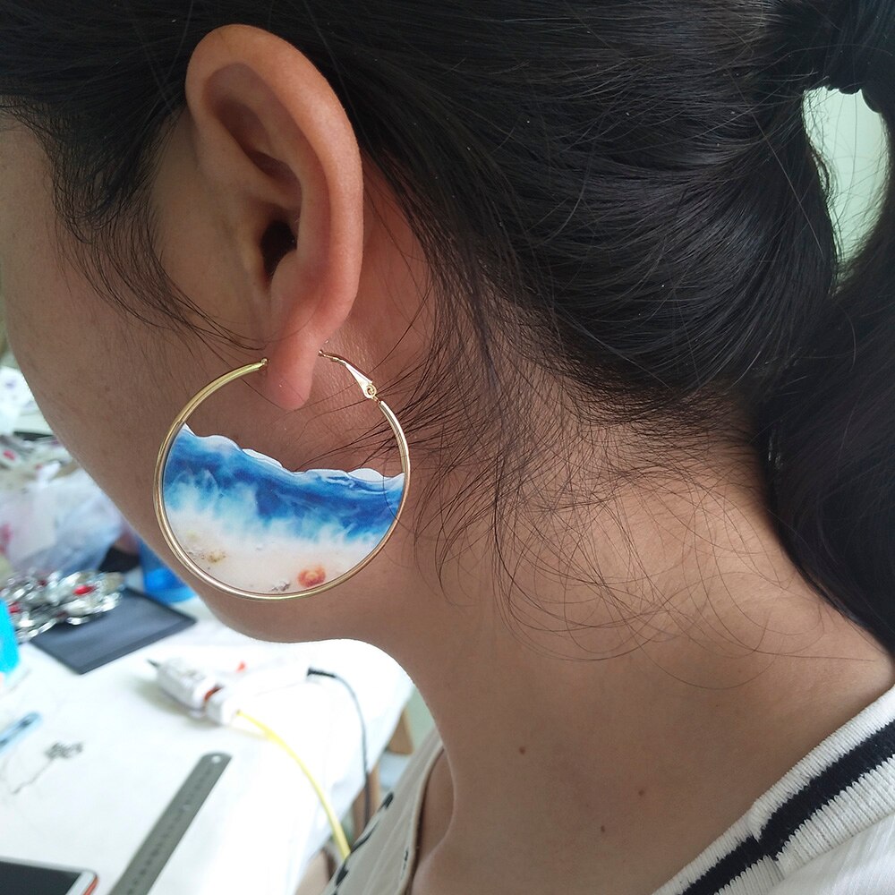 Fairy Blue Ocean Hoop Earrings Sea Earrings Female Beach Earrings Enamel Sea Shell Big Circle Earrings Summer Jewelry