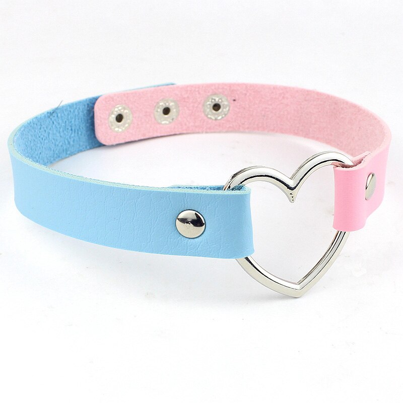 Punk PU Leather Love Heart Collar Choker Necklace Goth Gothic Rock Trend Jewelry Birthday Party Collar Necklace: Blue Pink