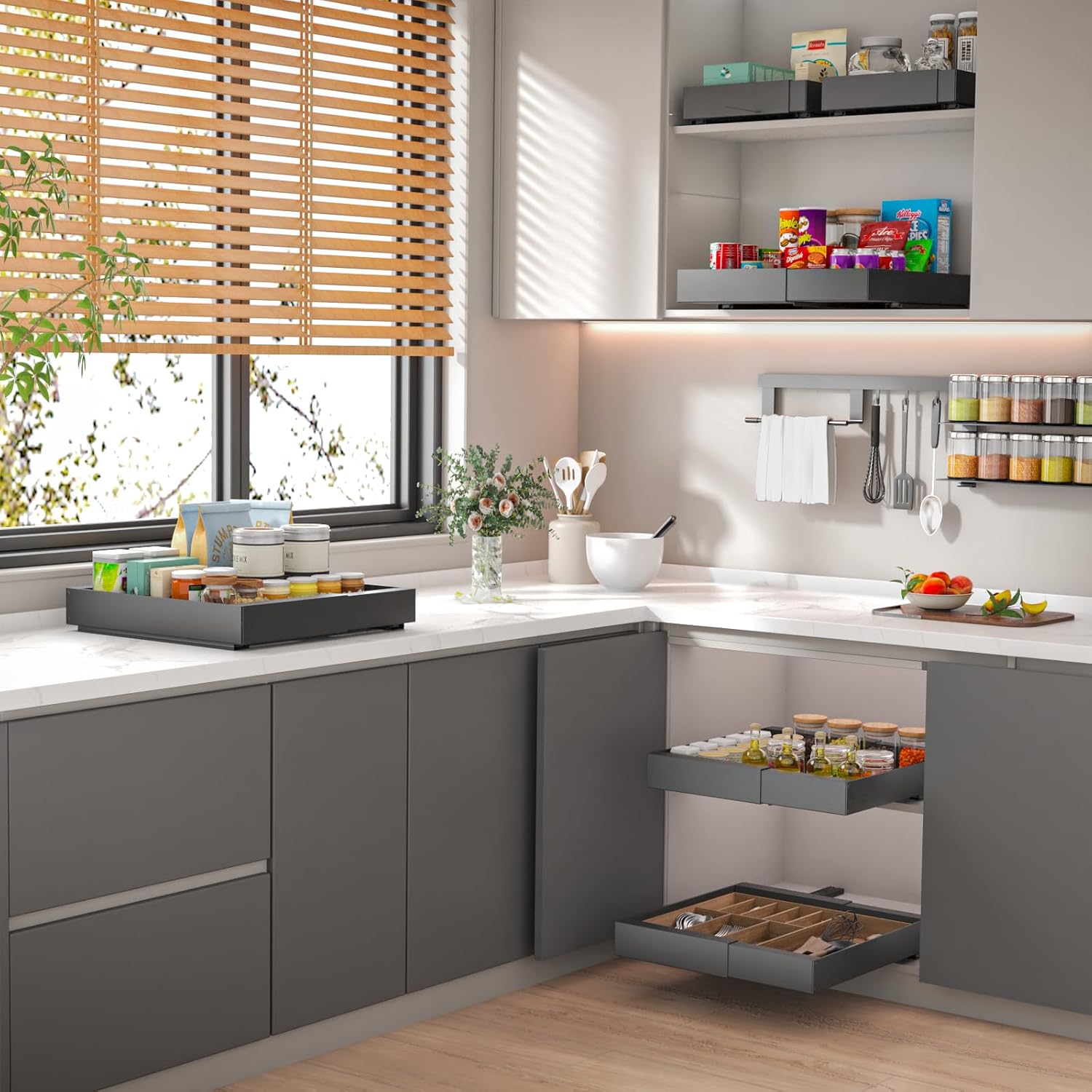 Organizador de gabinete extraíble expandible: estantes deslizantes profundos para gabinetes de cocina, despensa, baño