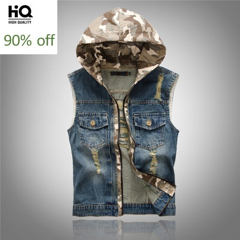 Autumn Hooded Vests Men Streetwear Distressed Slim Vintage Washed Mens Denim Coat Zipper Casual Jacket Man Outwear