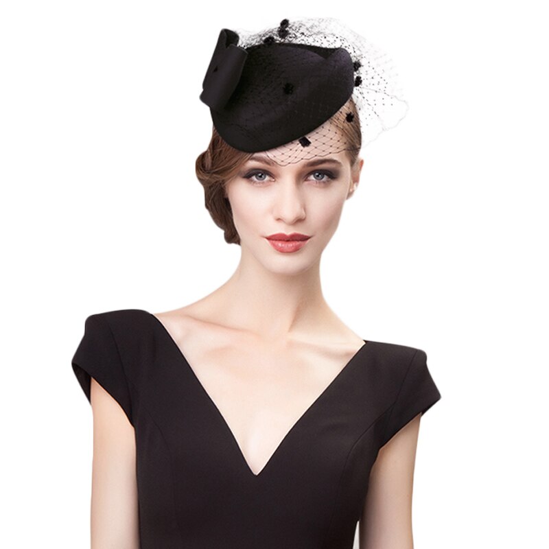 Fs sort hat til kvinder slør vintage uldfilt pilleæske hatte fascinator dame rød bryllup cocktail hatte sløjfe derby fedora: Sort