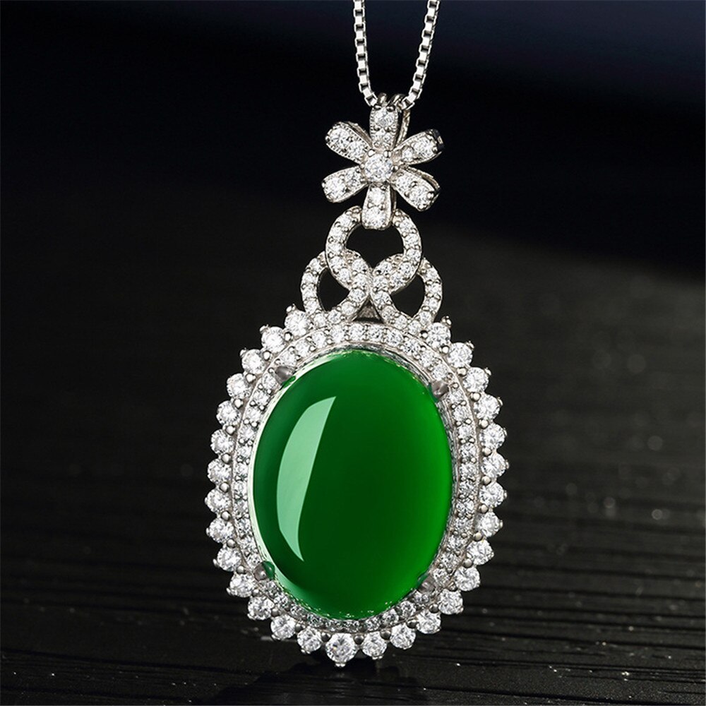 Luxury green jade pendant necklace for women, emerald gemstone, zircon, diamond, white gold, silver color, party jewelry