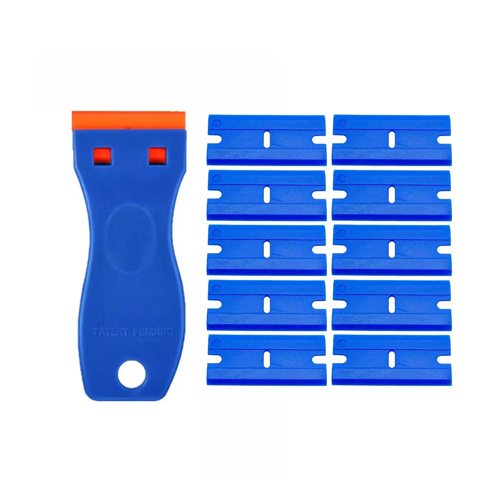 Plastic Razor Blade Scrapers Auto Glass with Blades Window Glue Remover Window Glass Clean Scraper Car Vinyl Wrap Tools Kit: Brown