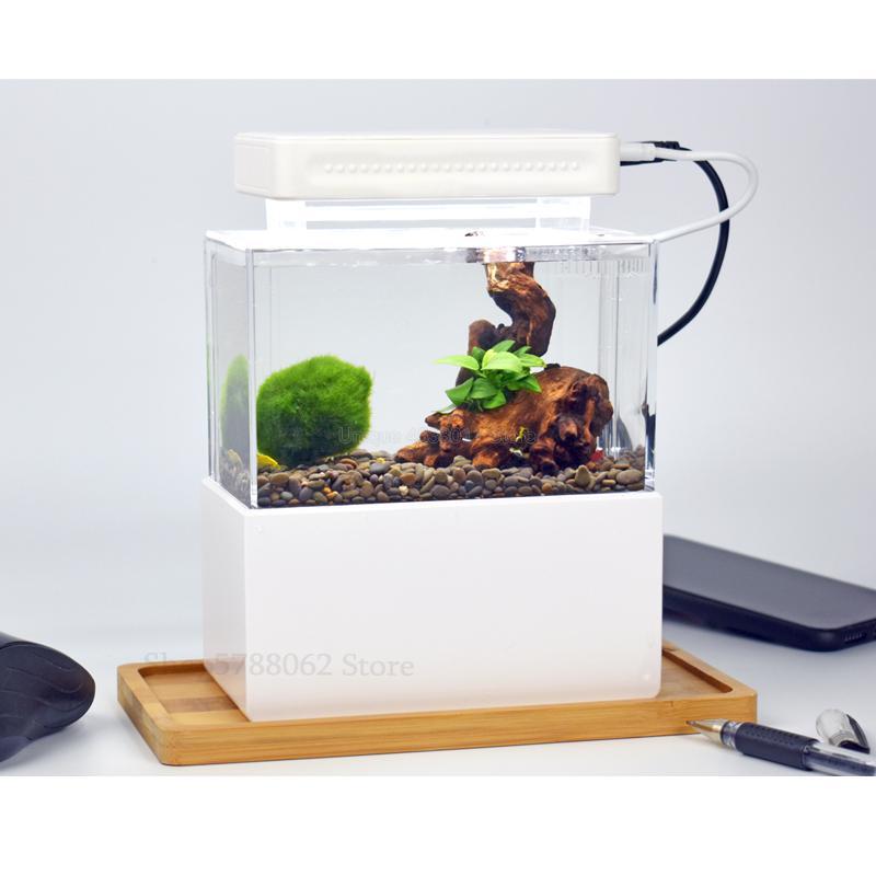 Mini Plastic Aquarium Draagbare Desktop Aquaponic Aquarium Betta Vis Kom Met Water Filtratie Led & Stille Luchtpomp Voor decor