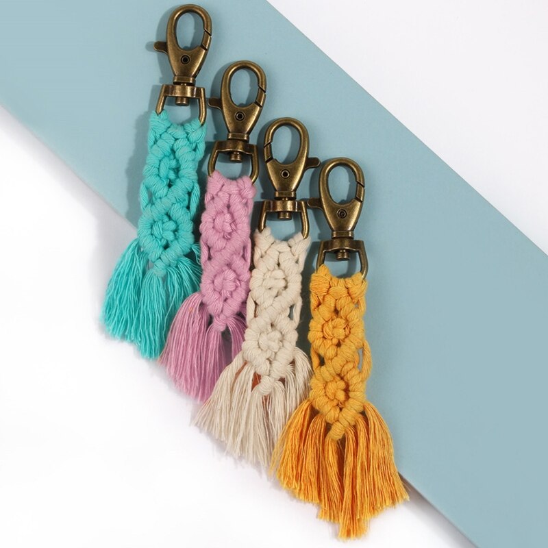 Mini Macrame Keychains Boho Macrame Bag Charms with Tassels Handcrafted Accessory for Car Key Purse Phone Wallet Unique Wedding