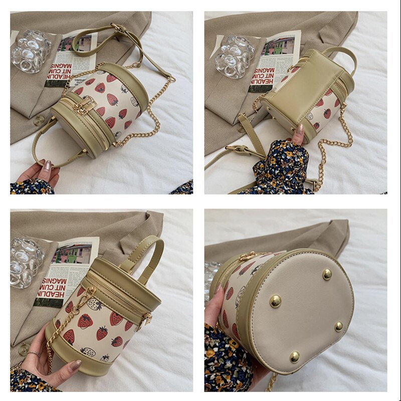 PU Leather Purses and Handbags for Women Luxury Girls Female Shoppers Sweet Strawberry Chain Bucket Wallet