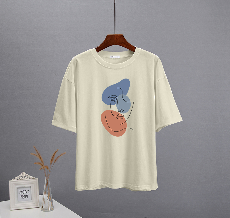 Hirsionsan abstrakt print t-shirt til kvinder sommer oversized 100%  bomuld t-shirts afslappet løs æstetisk t-shirt o-hals toppe: Xxl / Himmelblå