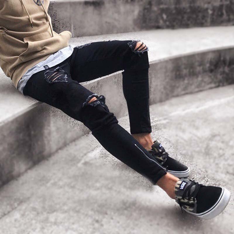 Brand Men Jeans Skinny Ripped Destroyed Stretch Slim Fit Pencil Pants With Holes For Men Casual Black Street Trousers