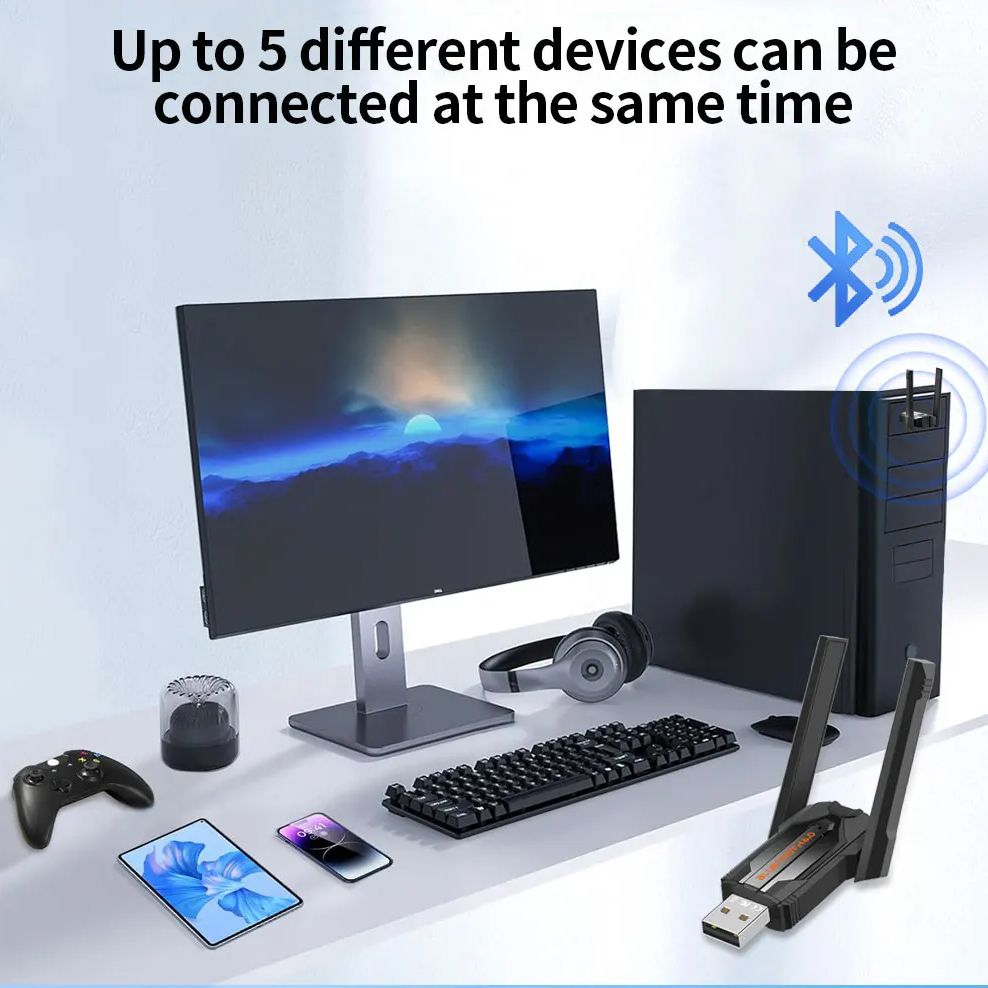 Bluetooth 6.0 Adapter 200M USB Dongle Adapter Wireless Audio Receiver Transmitter Driver Free for Win 11/10/8.1 Mouse Keyboard