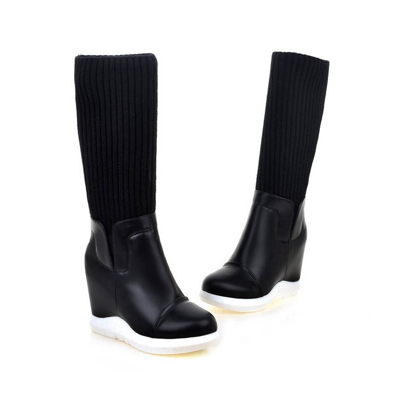 Morazora stil rund tå midt læg støvler kvinder slip on stretch støvler komfortable kiler sko kvinde efterår vinter støvler