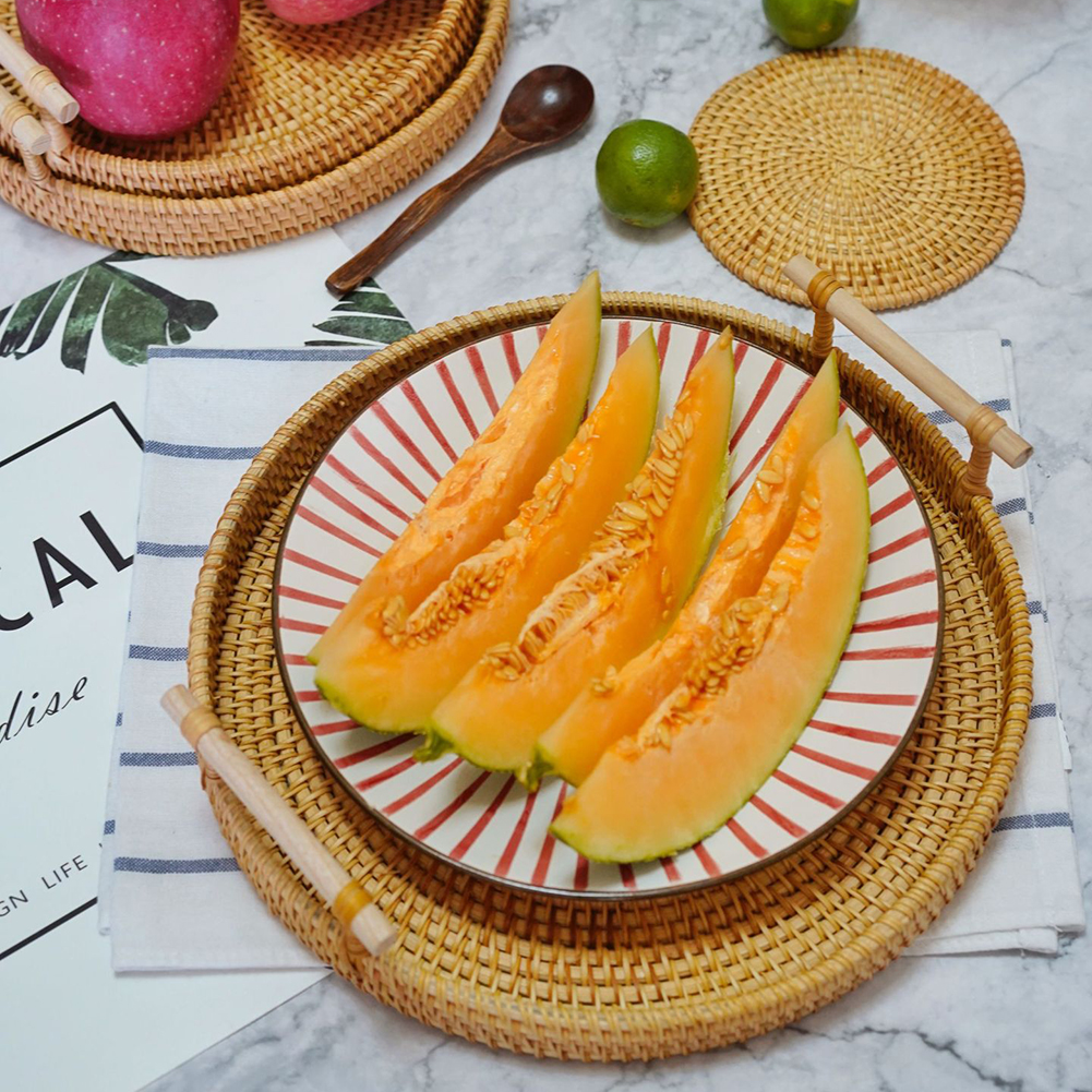 Vassoio tondo intrecciato in Rattan piatto a doppio orecchio intrecciato per frutta e verdura per cucina rotonda colazione bevanda Snack