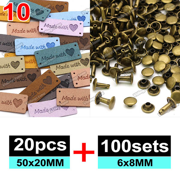 Zestawy etykiet skórzanych Ręcznie robione etykiety na ubrania Wytłaczane etykiety z metalowymi nitami z podwójną nasadką 6x8MM Akcesoria robić szycia: Laser jasne