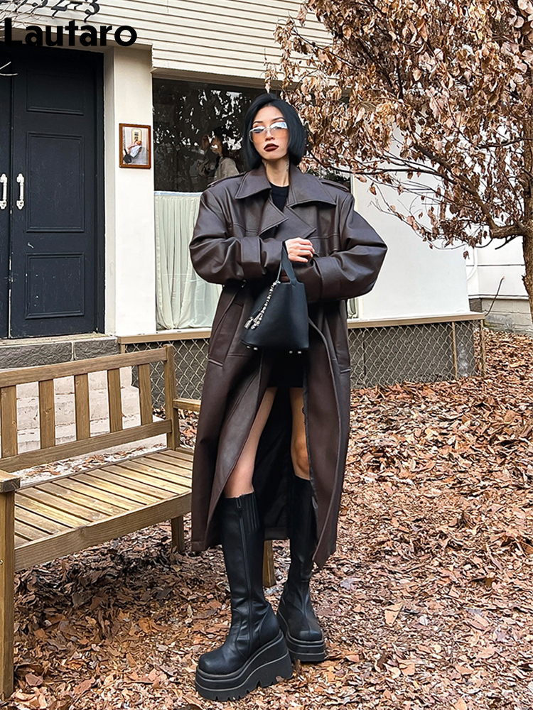 Trench lungo da donna in pelle PU Lautaro, oversize, doppio petto, ampio, abiti firmati di lusso, nero, marrone, primavera