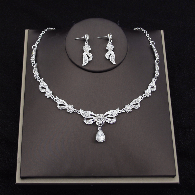 Koreaanse Mode Bruids Sieraden Sets Voor Vrouwen Bruid Tiara Kronen Oorbel Set Ketting Bruiloft Dubai Sieraden Sets Accessoires: Silver Necklace