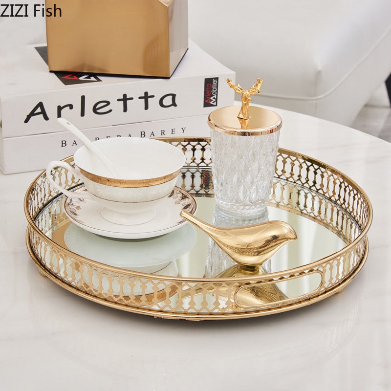 Bandejas doradas decorativas para almacenamiento de joyas, bandeja de vidrio con espejo Vintage, rectangular/redondo, plato de fruta, artículos pequeños de escritorio, placa de exhibición de joyería