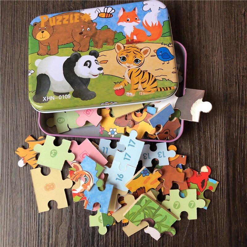 4 In 1 Puzzles 9/12/15/20Pcs Puzzles/Set With Iron Box Wooden Toys For Kids Educational Baby Toys Learning: Panda