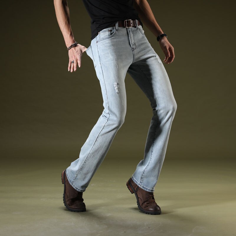 Brand Mens Blue Ripped Flare Jeans Slim Fit Men Stretch Business Casual Denim Pants Office Long Flared Jeans Trousers