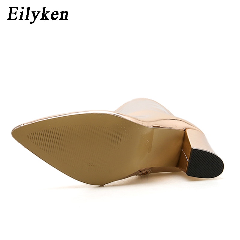 Eilyken guld silver lack dam ankelstövlar spetsiga tå fyrkantiga klackstövlar stilett dam pumps chelsea boots