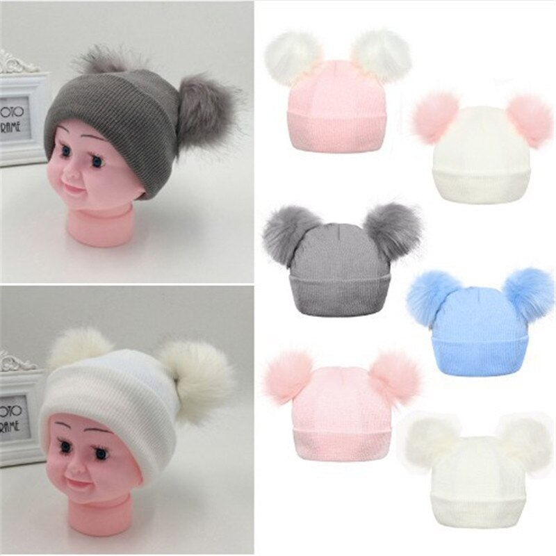 Winter Knitted Baby Hats Girls Boys Sweet Solid Hat With Two Fur Pompoms Balls Kids Caps For Baby Girls Warm Soft Hat Cap