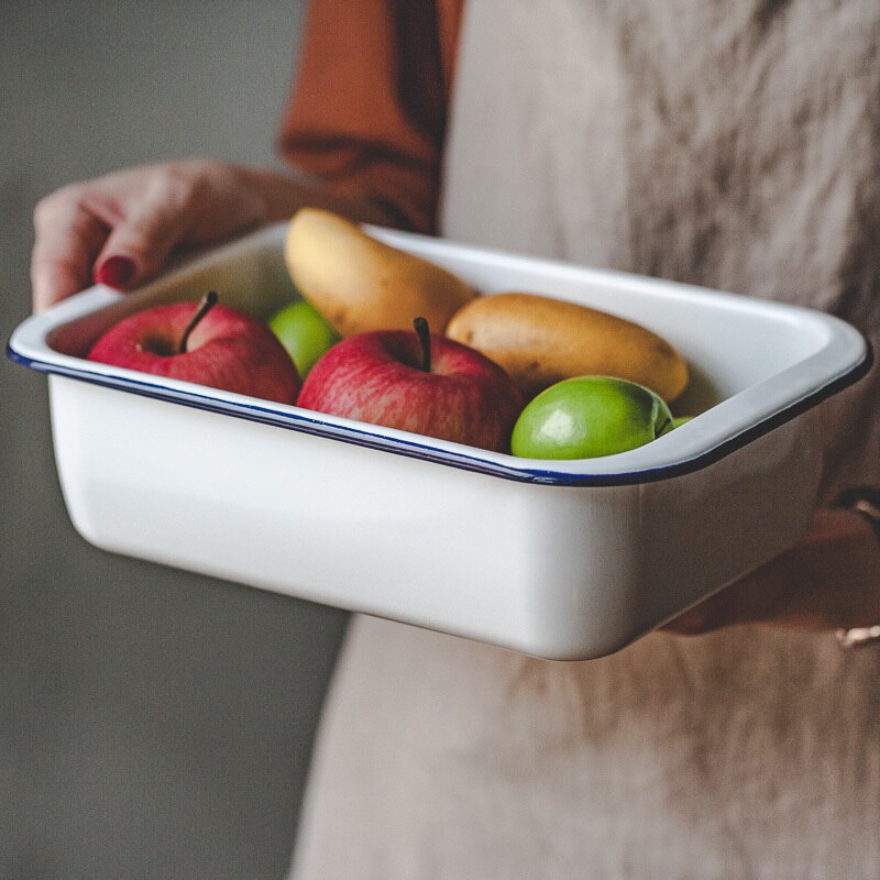Japanese porcelain enamel classic blue edge bread plate rectangular household thicken baking tray ovenware comal fruit plate