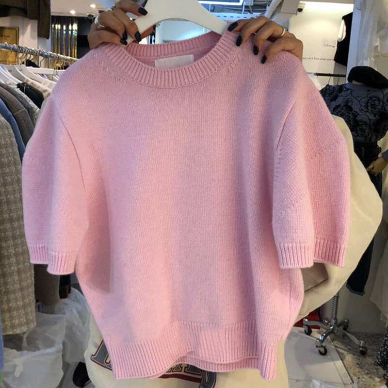 Nomikuma Korean Sweet Short Sleeve Knitted Pullovers Causal O-neck Women Sweater Spring Knitwear Jumpers 6F273: S