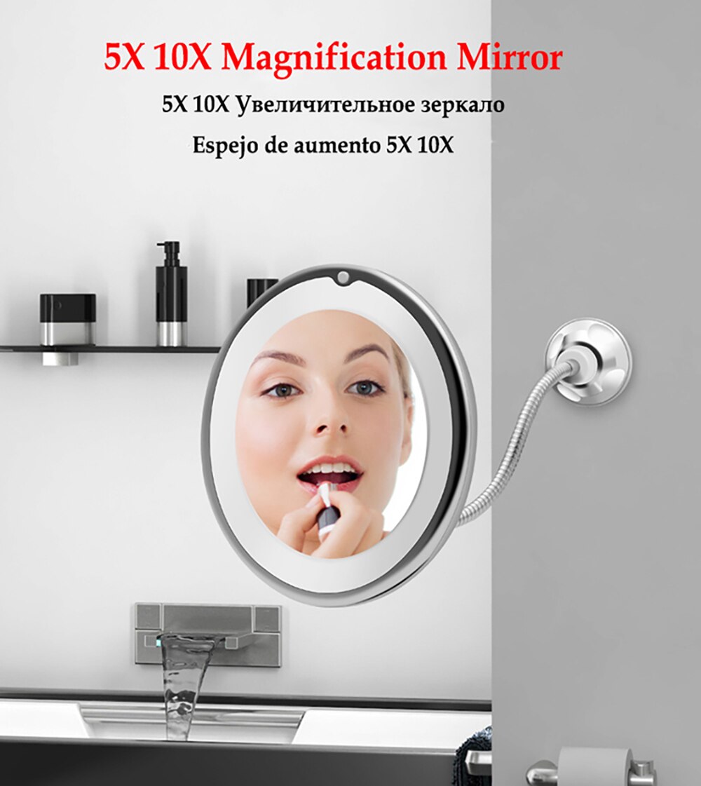 Led makeup spejl 10x forstørrelse sugekop badeværelsesspejl fleksibel slange 360 graders roterende justering forfængelighed lys spejl