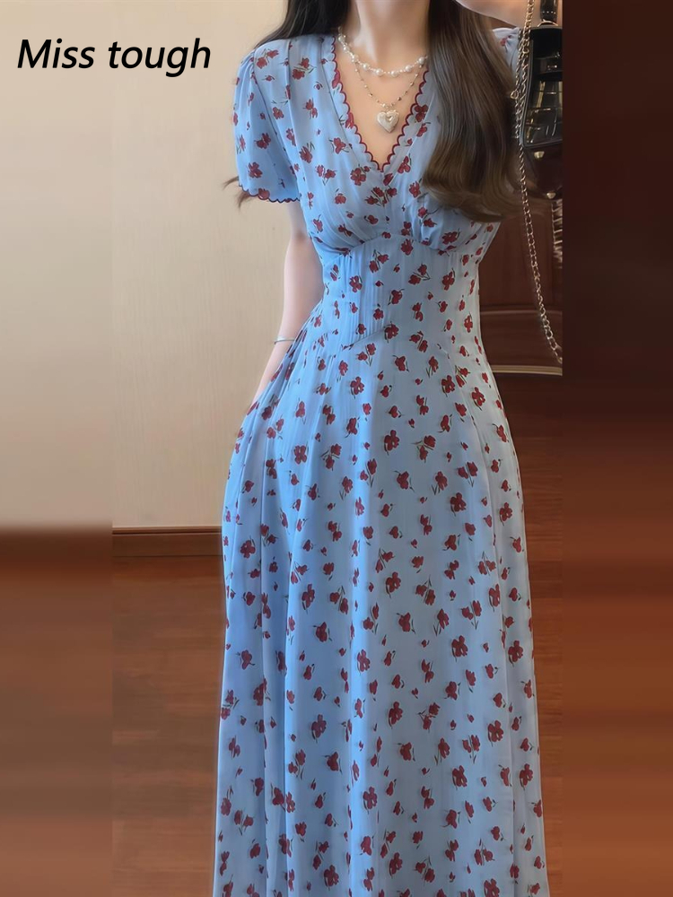 chiffon korean floral dress Korean Elegant Fashion Chiffon Dress Summer French Vintage Floral Dress Square Collar Puff Short Sleeve Ink Painting Dress 20827