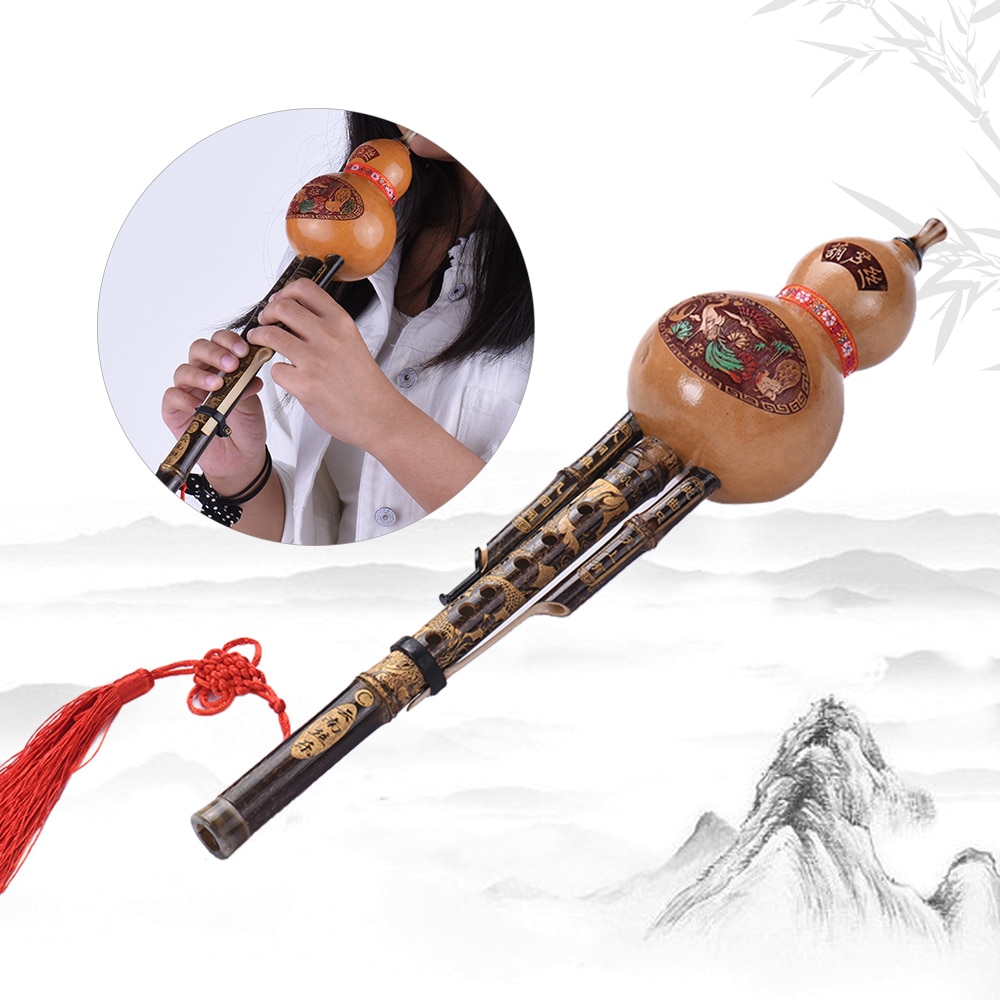 Kinesisk handgjord hulusi svart bambu kalebass cucurbit flöjt etnisk musikinstrument nyckel av c med fodral för nybörjare musikälskare