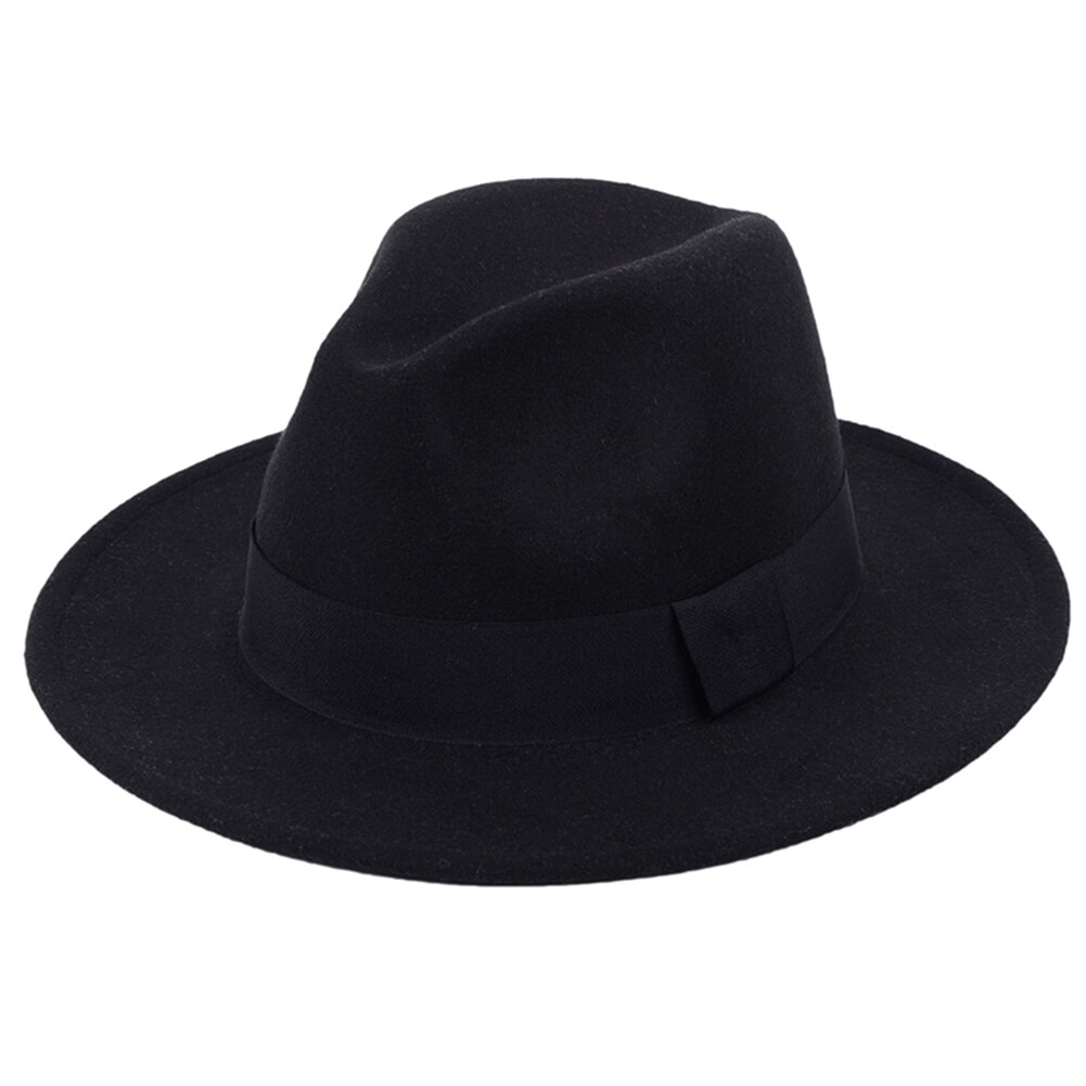 Dames heren britse retro grote vilt fedora's rand hoed zwarte wollen vilt vintage herenhoed platte rand hoge hoed: Zwart