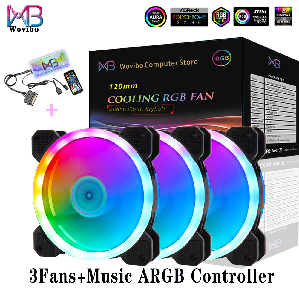 Wovibo-Ventilador RGB de 120mm, enfriador silencioso Argb, Pc, ordenador, 6 pines, 12cm, placa base, sincronización Aura: 3Fans With Music