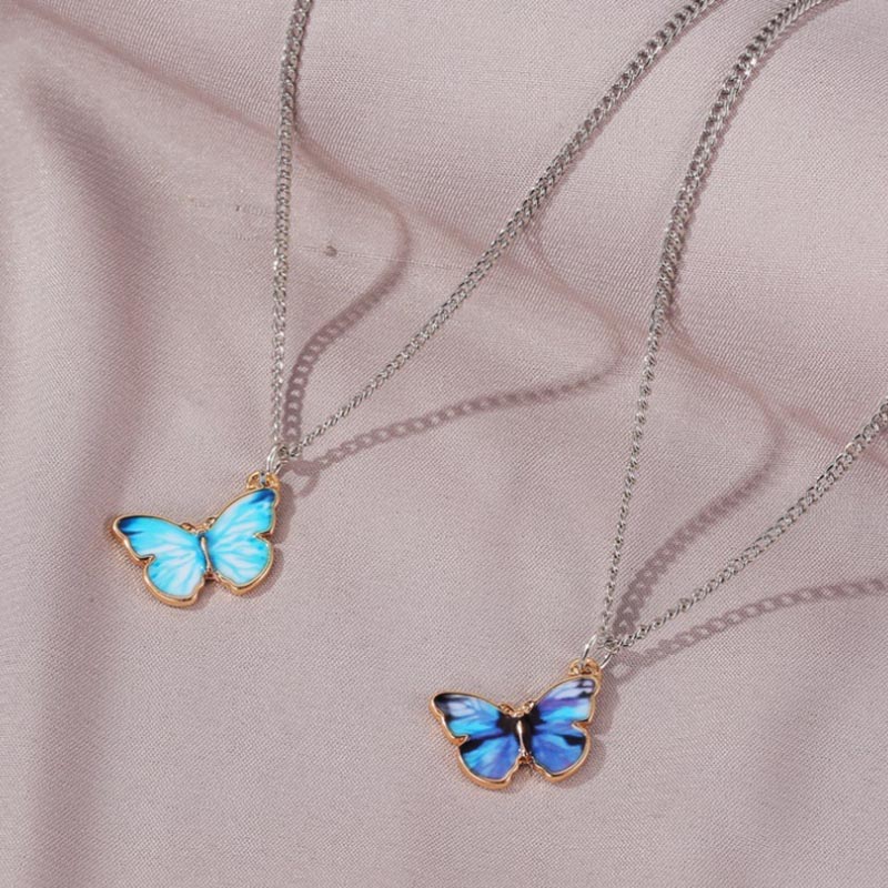 Koreaanse Blauw Gradiënt Vlinder Ketting Voor Vrouwen Meisjes Zilveren Kleur Regenboog Vlinders Hanger Choker Kettingen Sieraden