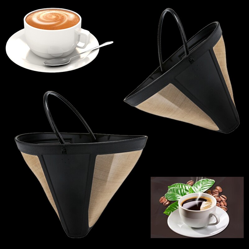 1pc Washable Handle Coffee Filter Stainless Steel Reusable Coffee Filter Cone-Style Refillable Gold Mesh Cafe Maker Machine Tool
