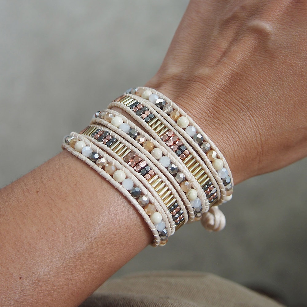 5 Times Wrap with Beige Mix Wrap Beadwork Bracelet Jewelry for Mom