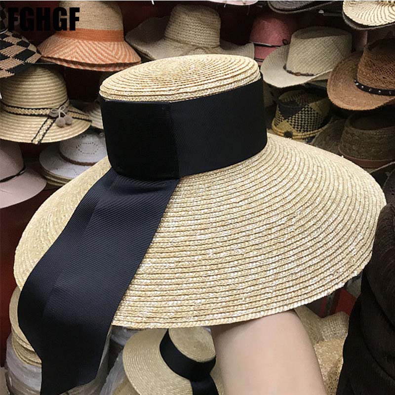 Natural Women Sun Hats Black Ribbon 9cm 13cm 15cm Flat Top Large Wide Brim Straw Hats Straw Hat Chapeu Sombrero Beach Hats: 9cm wide brim