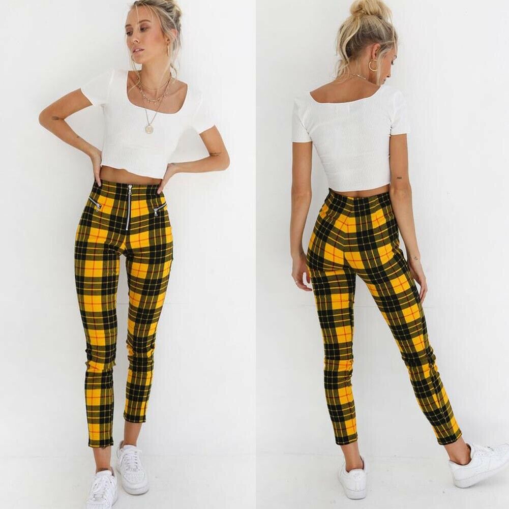 Klassische Plaid Hosen Frauen Reißverschluss Dünne Denim Büro lässig Hohe Taille Jeggings Bleistift Hosen Hosen Streetwear: Gelb / L